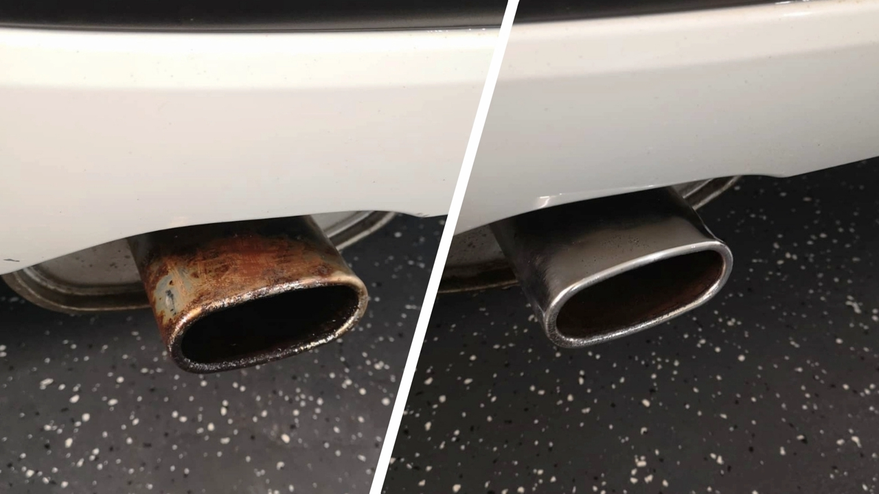 Auspuffaufbereitung Vorher-Nachher - Auspuffblende aufbereitet - von verrostet zu glänzend