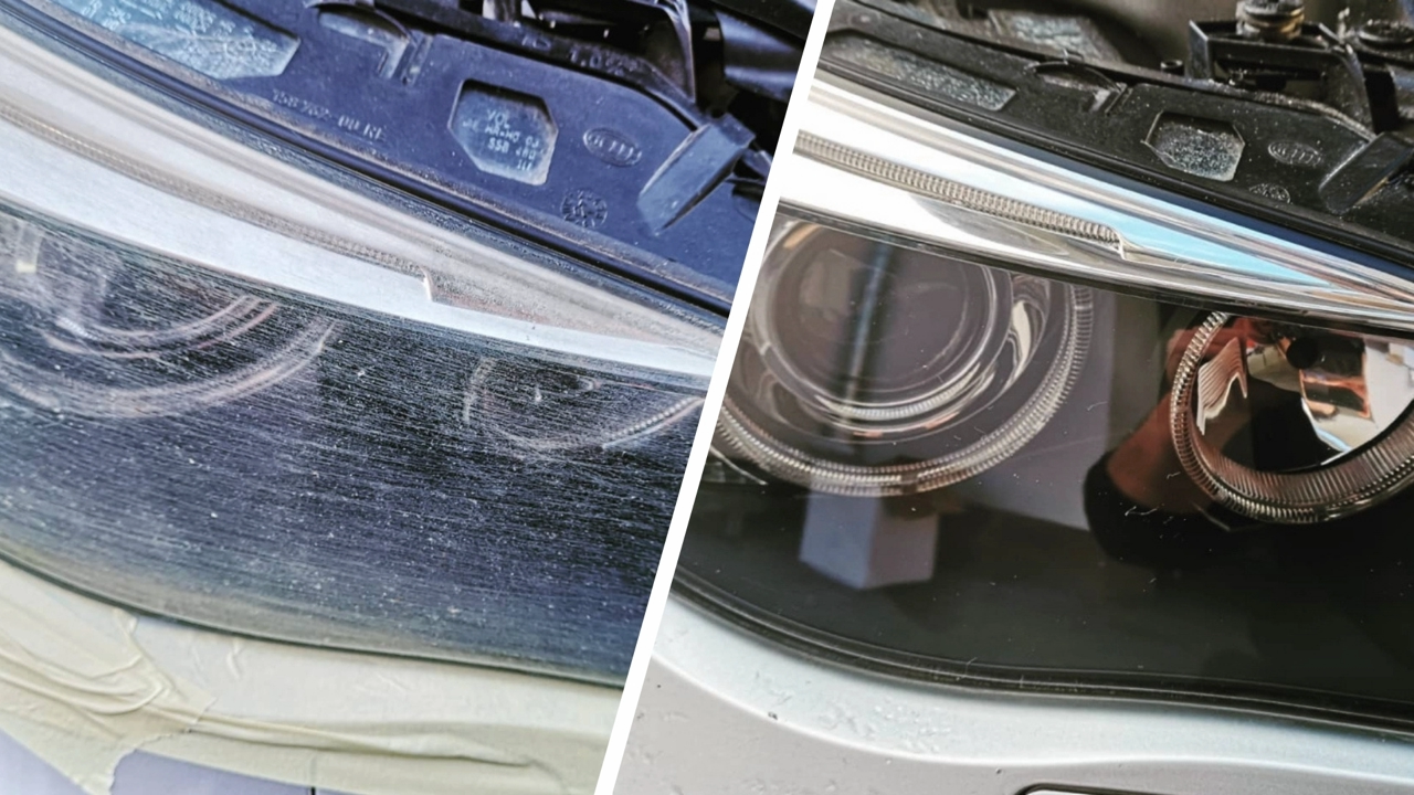 Scheinwerferaufbereitung Vorher-Nachher - Scheinwerferglas poliert - wieder klare Sicht
